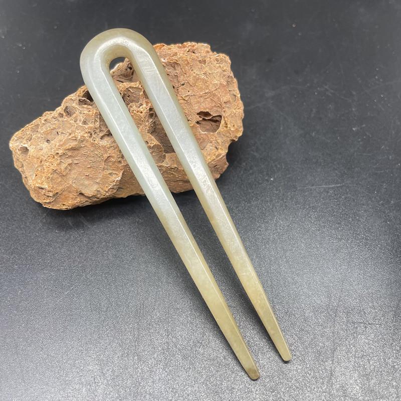 和田玉青白玉U型双簪发钗头饰发簪玉簪子复古风汉服玉发饰玉俏色