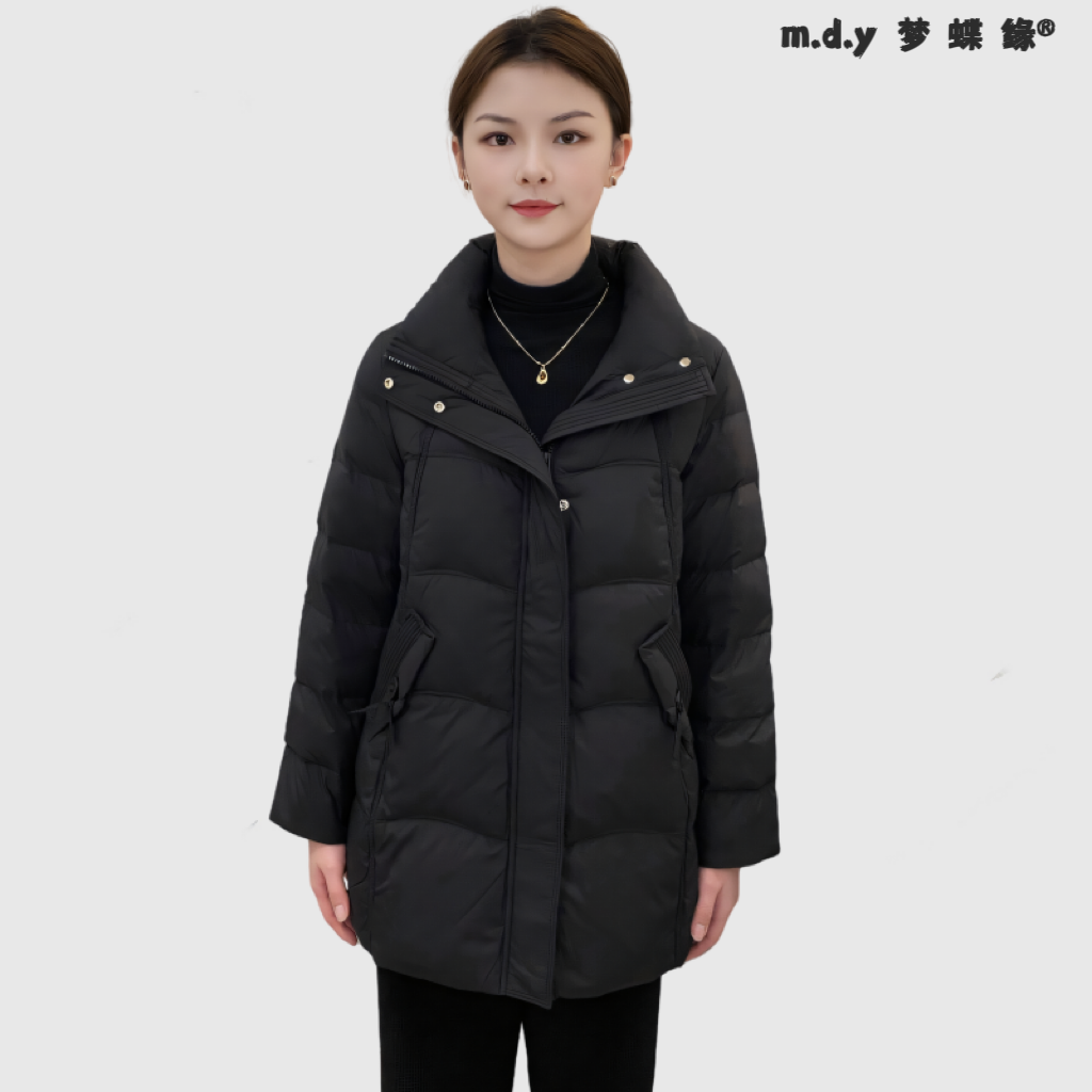 【保暖专家】m.d.y梦蝶缘90白鸭绒冬季时尚妈妈黑色中长款羽绒服