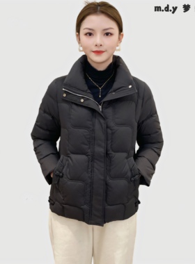 妈妈冬装90白鸭绒m.d.y梦蝶缘正品时尚中年黑色方格短款羽绒服