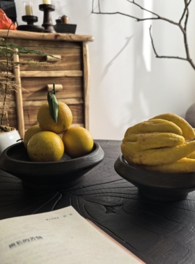 侘寂风实木炭烧圆形果盘家用客厅茶几水果盘创意果篓