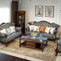 美式胡桃木真皮沙发组合客厅家具乡村小户型欧式全实木皮艺沙发