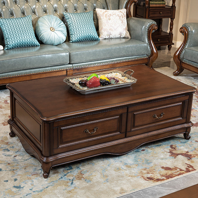 美式胡桃木茶几带抽长方形茶几欧式简约复古客厅全实木别墅家具