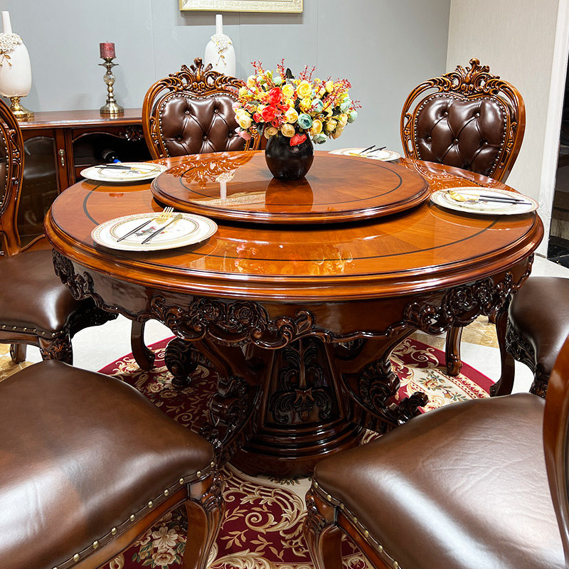 2023欧式全实木圆餐桌烤漆深色美式小户型家用转盘旋转别墅家具