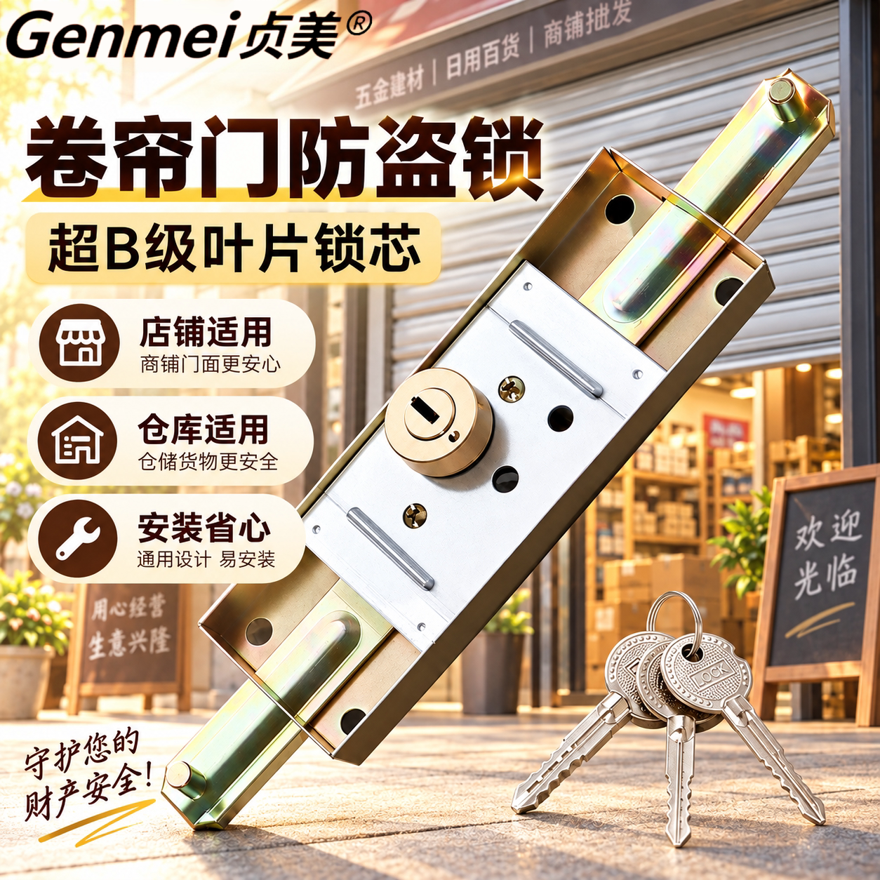 卷闸门锁卷帘门锁中间开十字铜芯通用型防盗车库圈连拉闸锁配件