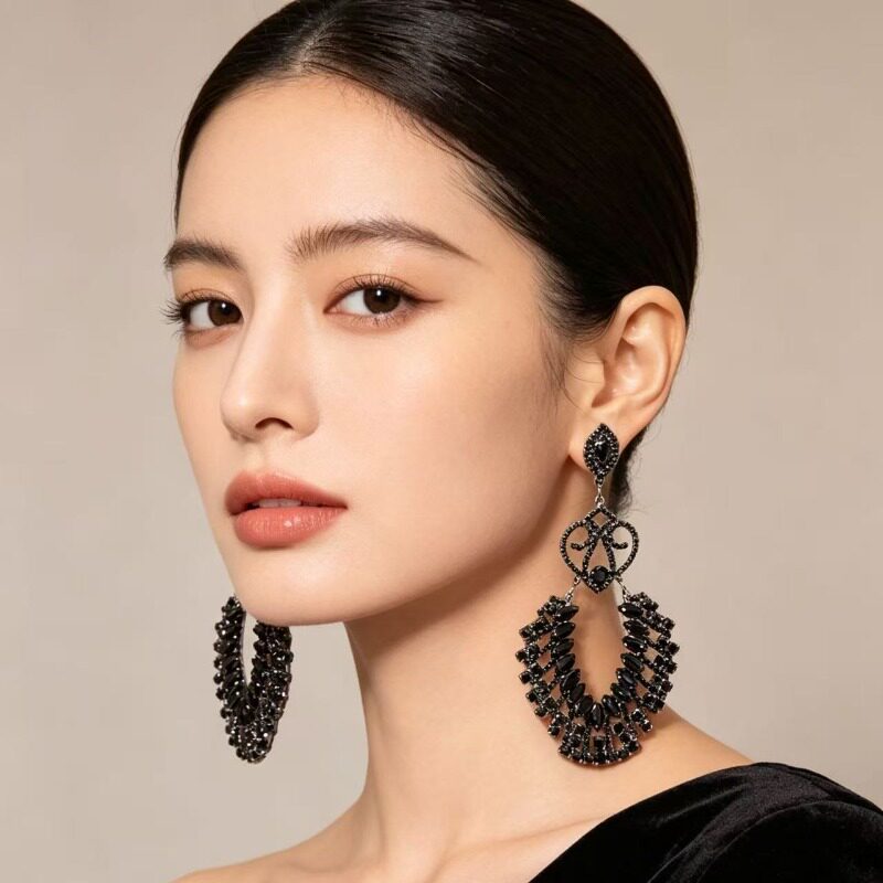 黑色水晶水钻流苏耳环女晚宴