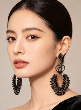 黑色水晶水钻流苏耳环女晚宴