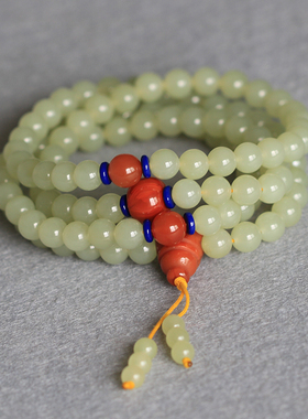 天然新疆和田玉黄口料佛珠项链