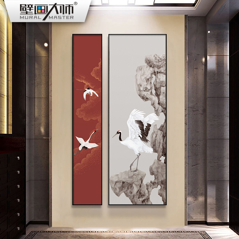 新中式玄关装饰画太湖石禅意仙鹤挂画竖版客厅背景墙走廊过道壁画