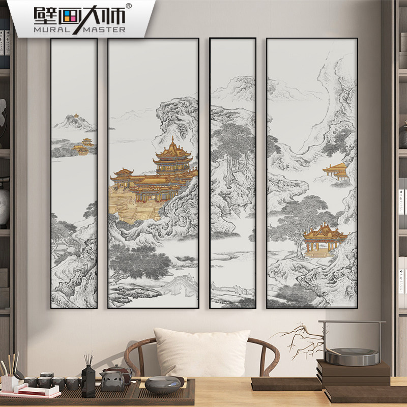 山水挂画新中式客厅装饰画沙发背景墙壁画走廊过道四联肌理画蓬莱
