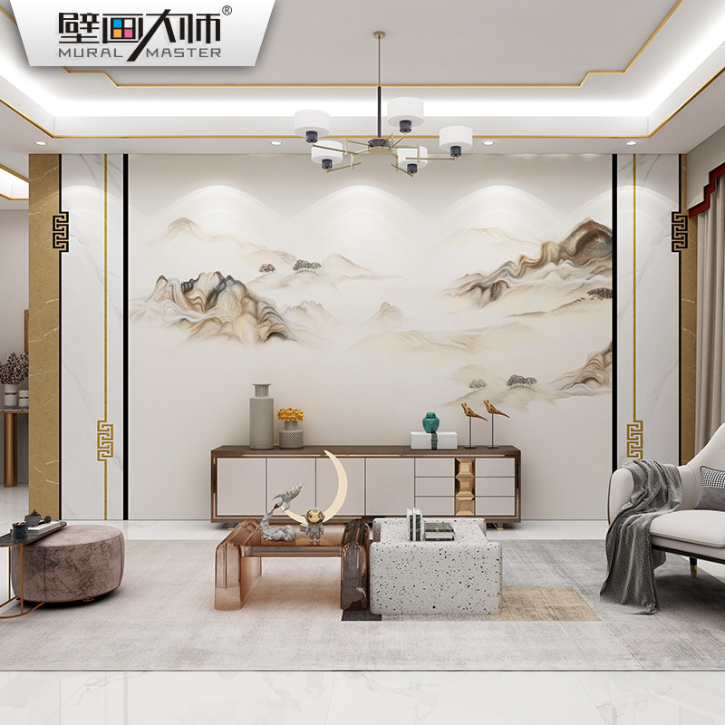 2021新中式电视背景墙壁纸写意山水壁画家装客厅壁布3d卧室墙布