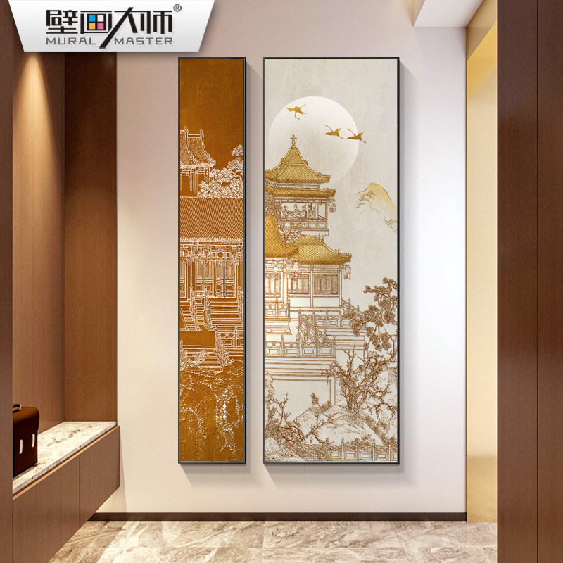 新中式山水楼阁挂画入户玄关装饰画走廊过道背景壁画茶室两联墙画
