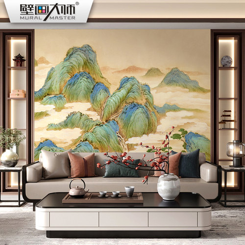 新中式客厅山水背景墙壁画墙布