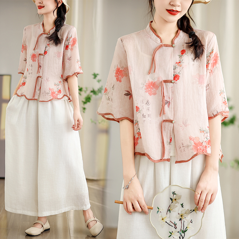 实拍~复古印花衬衫文艺大码舒适显瘦休闲宽松短袖上衣