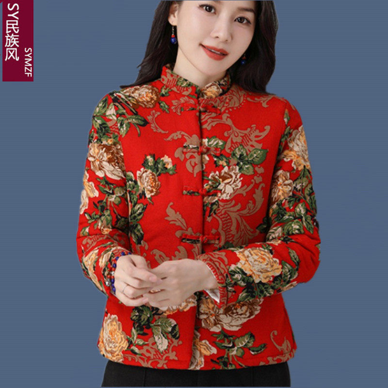 SY中国风冬女士中式唐装东北花小棉袄民族风棉衣棉服复古印花外套