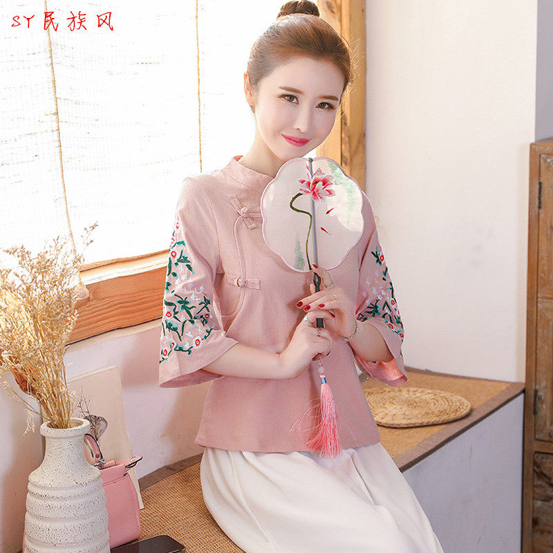 SY民族风女装唐装女春夏复古棉麻茶服刺绣衬衫中国风改良旗袍上衣,女装/女士精品,上衣,淘宝优惠券,粉丝福利购,淘宝优惠卷