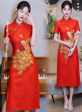 实拍现货红色旗袍春夏季新款复古国风改良连衣裙新娘敬酒服