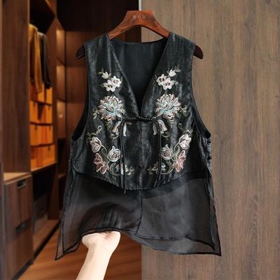 仿真丝香云纱马甲女士款外穿坎肩重工国风刺绣新中式v领休闲上衣