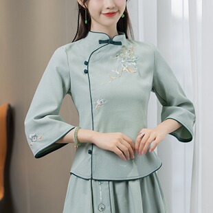 SY秋冬款汉服民国风改良唐装采耳茶艺师工作服装新中式旗袍上衣女