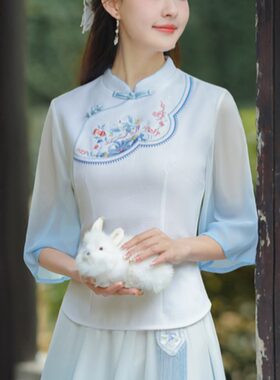 七分袖棉麻上衣女日常改良旗袍