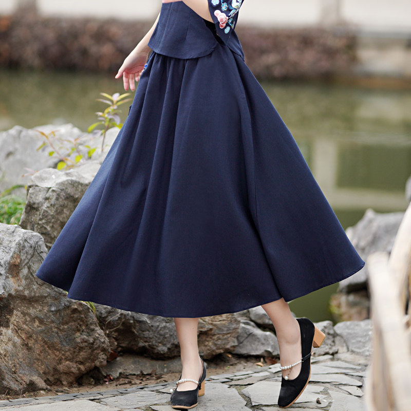 文艺复古棉麻半身裙大码修身长裙民族风中式女装中国风显瘦大摆裙