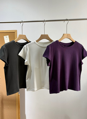 春新品~极简纯色后背中缝显瘦显白暗紫色圆领弹力修身磨毛短袖t恤