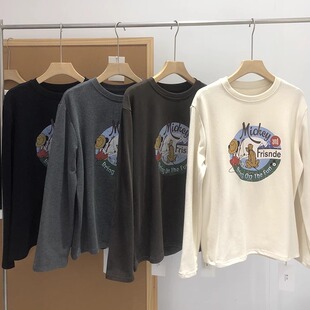 可爱小人狗狗卡通图案内里加绒磨毛圆领长袖合身款t恤内搭上衣女