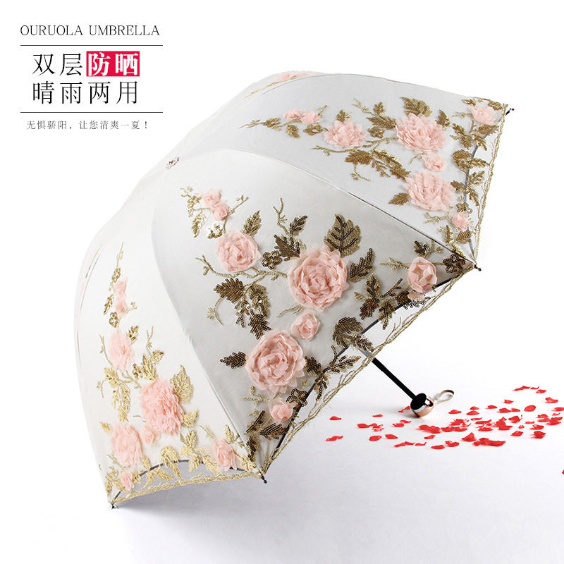 欧若拉三折双层刺绣花蕾丝伞1821黑胶太阳伞遮阳伞防紫外线晴雨伞
