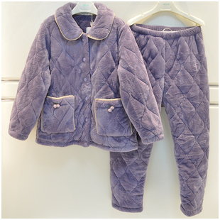 精雅女士睡衣冬季雅舒绒三层夹棉加厚素色简约休闲保暖家居服套装