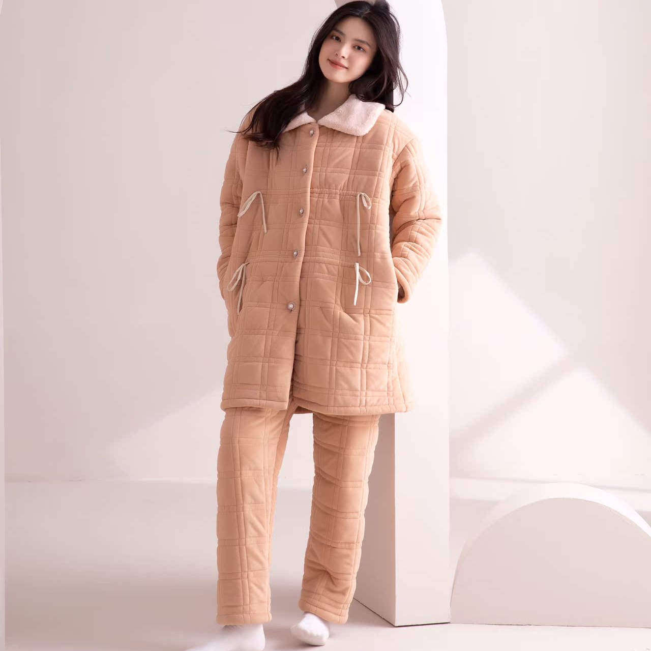 安杜拉女士冬季贝贝绒加厚夹棉睡衣女家居服套装中长款保暖可外穿