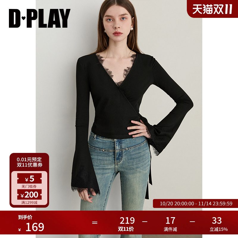 DPLAY2025年秋季新款黑色t恤女拼接蕾丝喇叭袖打底衫长袖上衣