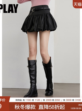 DPLAY【惠品】2025年秋季黑色半身裙女短皮裙花苞蓬蓬裙子短裙