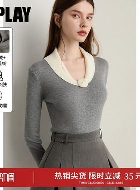 DPLAY含羊绒灰色针织衫翻领撞色上衣女2026春款修身打底衫毛衣