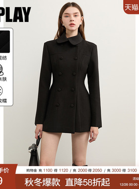 DPLAY2025年冬季新款黑色大衣女不对称领好看单面毛呢外套上衣