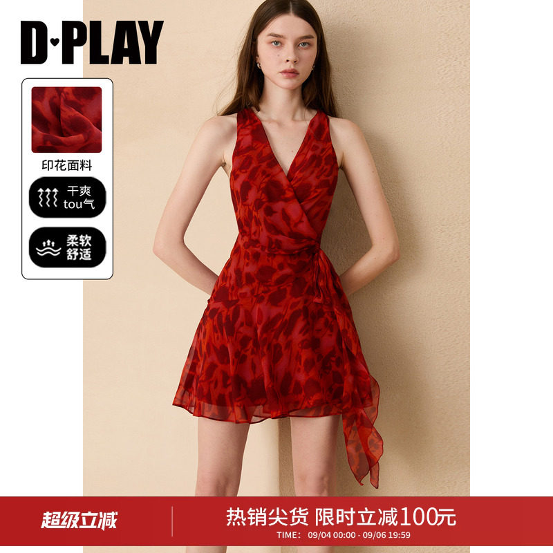 DPLAY红色印花V领无袖连衣裙法式度假茶歇裙2026夏季新款裙子图片