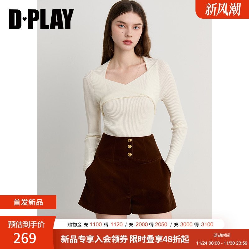 DPLAY2025年冬季新款白色针织衫女方领时尚好看气质打底衫上衣