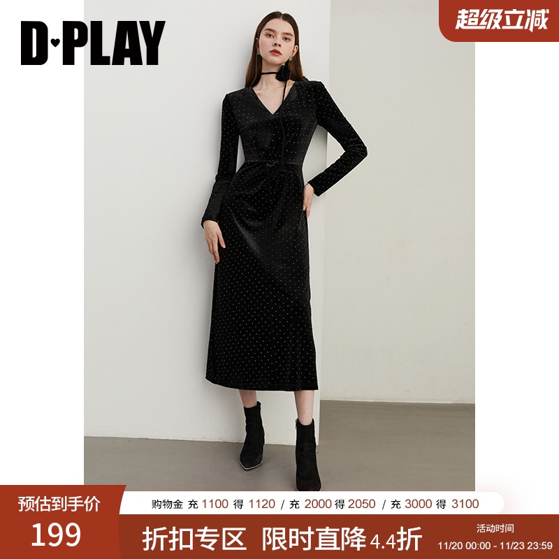 DPLAY法式连衣裙长袖丝绒裙