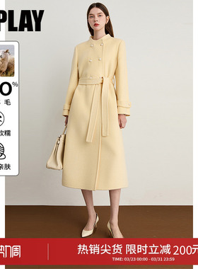 DPLAY冬季新款黄色100绵羊毛珍珠感扣新中式双面呢大衣