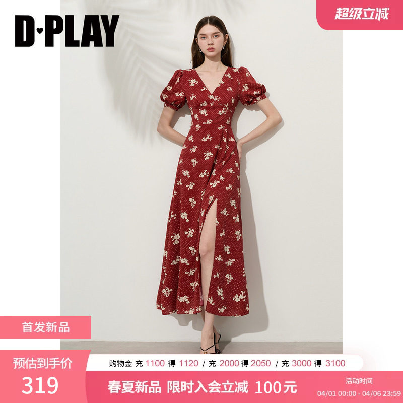 DPLAY【法式茶歇系列】红色印花连衣裙法式泡泡袖裙子2026年夏季