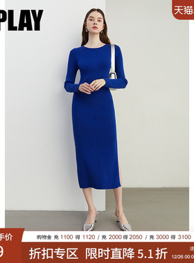 DPLAY2025年秋季新款蓝色连衣裙女气质修身复古长款针织裙子长袖