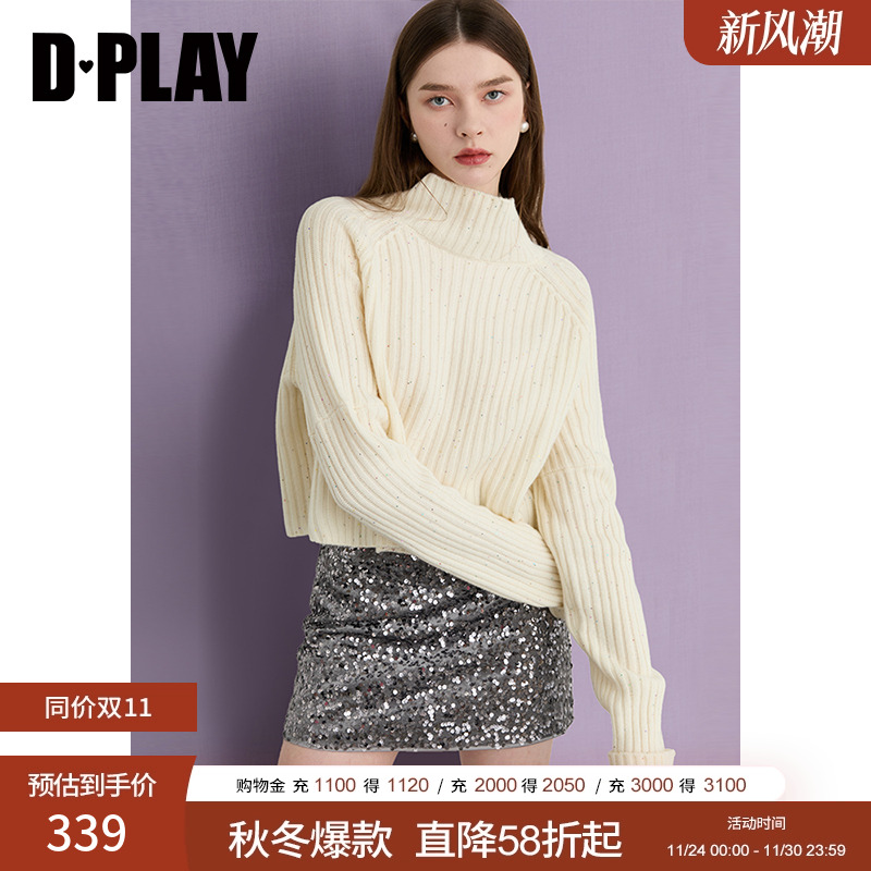 DPLAY2025年冬季新款白色高领羊毛衫时尚气质女士毛衣女针织衫