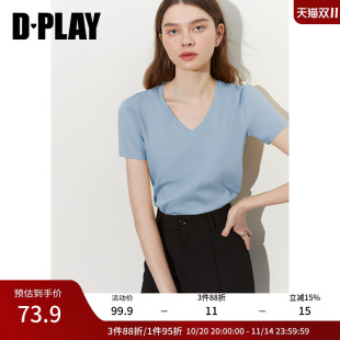 独特体恤宽松纯棉短袖 蓝色t恤女好看法式 上衣 新款 DPLAY2025年夏季