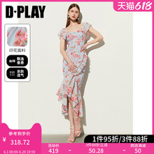 方领短袖 DPLAY2024夏气质法式 连衣裙鱼尾裙长裙女 蓝色印花短袖