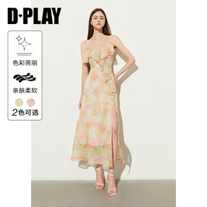DPLAY夏季度假粉色连衣裙女印花荷叶边吊带海边长裙沙滩裙