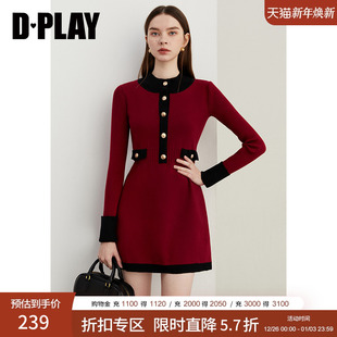 短款 休闲红色拼色圆领针织显瘦长袖 连衣裙女 新款 DPLAY2025秋季