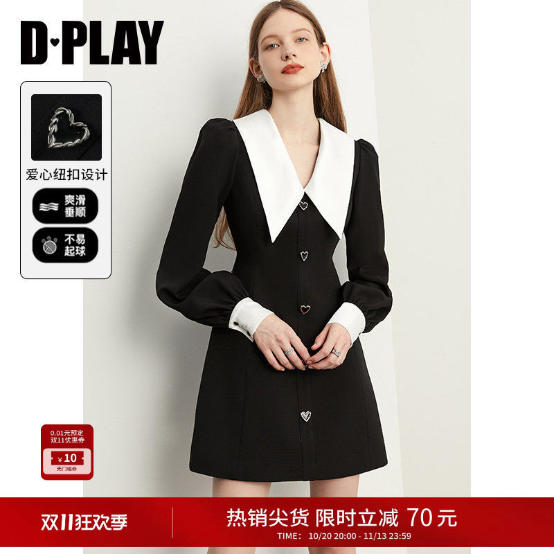 DPLAY黑白撞色西装连衣裙法式小香风收腰小黑裙女裙子2026年冬季