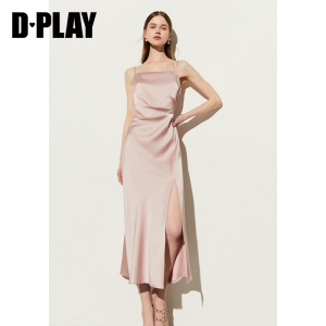 DPLAY夏季法式方领粉色连衣裙女缎面吊带裙子鱼尾长裙沙滩裙