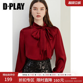圆领长袖 DPLAY秋季 女休闲系带宽松缎面小衫 红色衬衫 上衣 新款