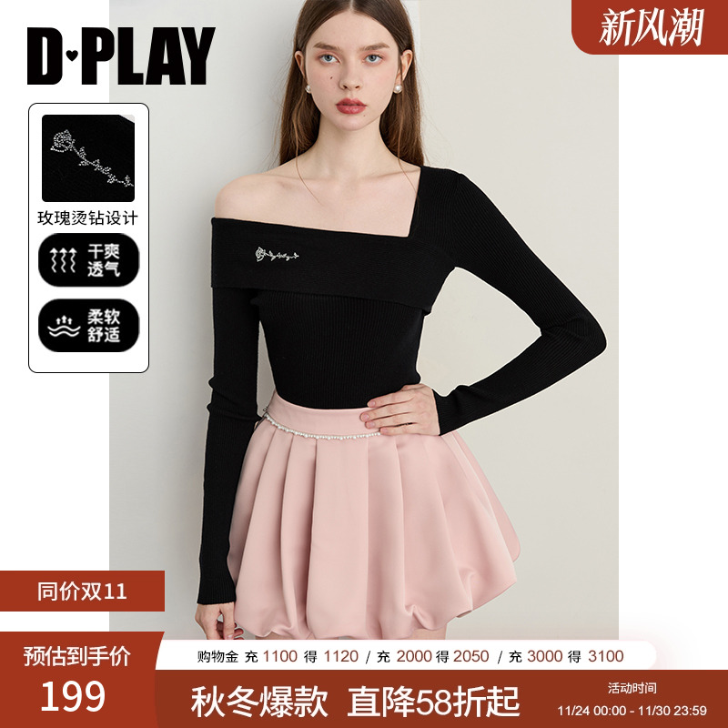 DPLAY2025年秋季新款黑色针织衫女独特露肩修身打底衫长袖上衣