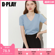 DPLAY2025年夏季新款蓝色t恤女好看法式独特体恤宽松纯棉短袖上衣