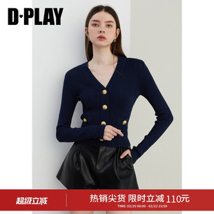 DPLAY【惠品】藏青色毛衣女2026年春季法式修身气质针织衫上衣